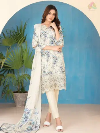 Elira by Tawakkal D-3024 front view showing embroidered digital lawn shirt from Tawakkal New collection in vibrant seasonal colors.