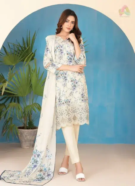 Elira by Tawakkal D-3024 front view showing embroidered digital lawn shirt from Tawakkal New collection in vibrant seasonal colors.
