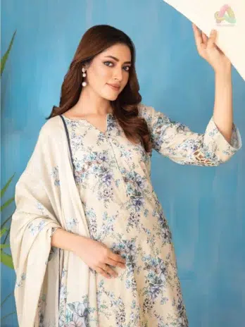 Close-up of Elira by Tawakkal D-3024 highlighting embroidered patterns on lawn fabric from Tawakkal lawn collection 2025