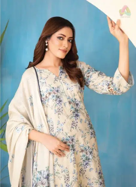 Close-up of Elira by Tawakkal D-3024 highlighting embroidered patterns on lawn fabric from Tawakkal lawn collection 2025
