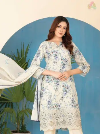 Complete view of Elira by Tawakkal D-3024 3-piece lawn suit with printed dupatta and plain cotton shalwar from Tawakkal clothing line