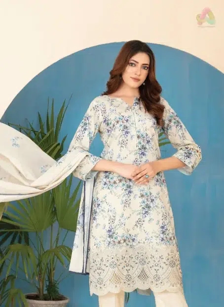 Complete view of Elira by Tawakkal D-3024 3-piece lawn suit with printed dupatta and plain cotton shalwar from Tawakkal clothing line