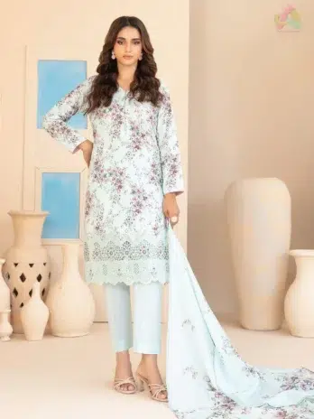 Front view of Elira by Tawakkal D-3025 embroidered digital lawn shirt from Tawakkal lawn, ideal for festive summer wear.