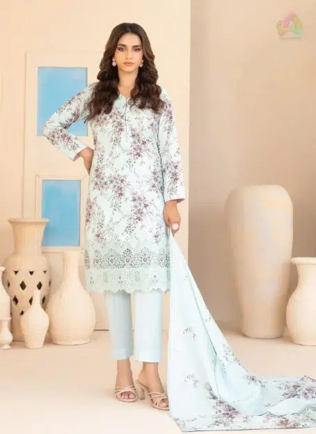 Front view of Elira by Tawakkal D-3025 embroidered digital lawn shirt from Tawakkal lawn, ideal for festive summer wear.