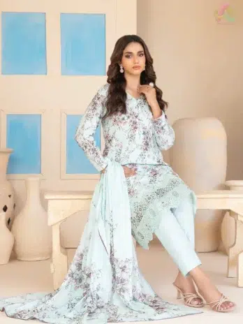 Full 3-piece view of Elira by Tawakkal D-3025 including shirt, dupatta, and cotton shalwar from Tawakkal collection 2025