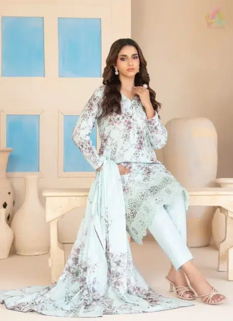 Full 3-piece view of Elira by Tawakkal D-3025 including shirt, dupatta, and cotton shalwar from Tawakkal collection 2025