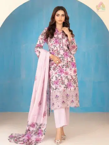 Front view of Elira by Tawakkal D-3026 showcasing embroidered digital lawn shirt from the elegant Tawakkal Lawn Collection 2025.
