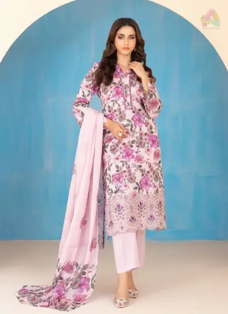 Front view of Elira by Tawakkal D-3026 showcasing embroidered digital lawn shirt from the elegant Tawakkal Lawn Collection 2025.