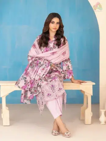 Close-up of intricate embroidery and fabric texture of Elira by Tawakkal D-3026, crafted by Tawakkal Fabrics for premium summer wear.