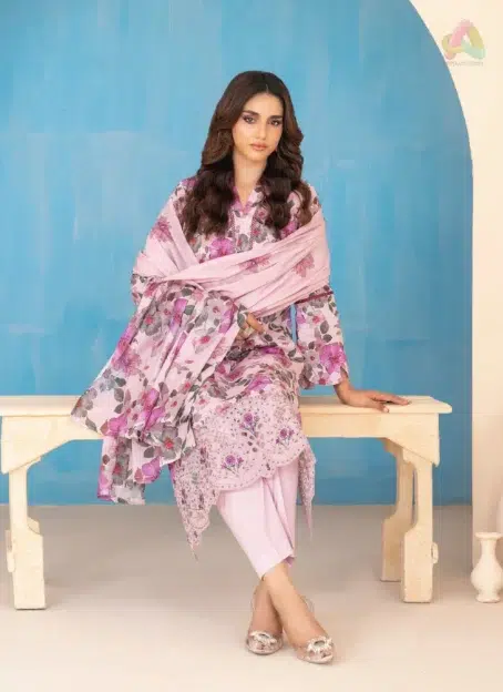 Close-up of intricate embroidery and fabric texture of Elira by Tawakkal D-3026, crafted by Tawakkal Fabrics for premium summer wear.