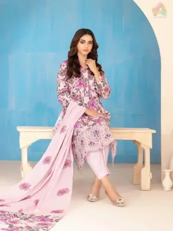 Full suit view of Elira by Tawakkal D-3026 including embroidered shirt, printed dupatta, and cotton shalwar from Tawakkal clothing line