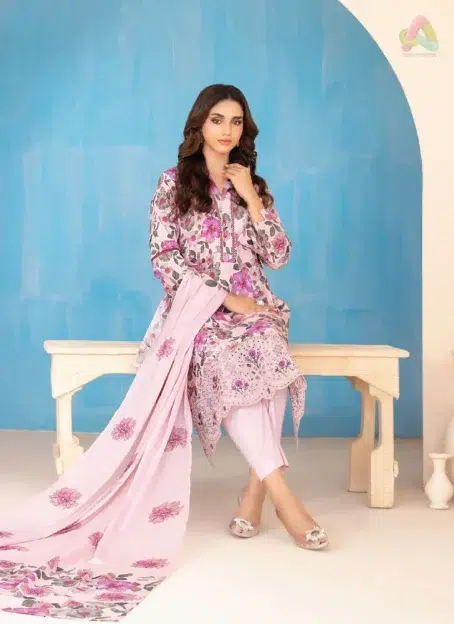 Full suit view of Elira by Tawakkal D-3026 including embroidered shirt, printed dupatta, and cotton shalwar from Tawakkal clothing line