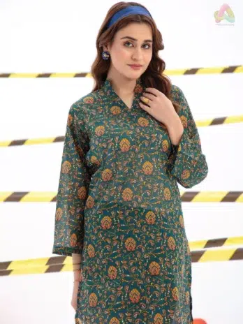 Close-up of Identic By Regalia Textile D-02 showing intricate digital print on premium cambric shirt from Regalia Textile clothing line.