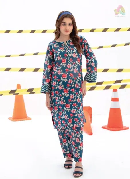 Identic By Regalia Textile D-03 front view showcasing digital printed cambric shirt with cotton trouser from the latest Regalia Textile Cambric Collection.