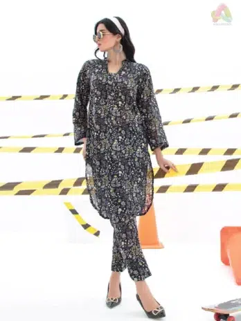 Front view of Identic By Regalia Textile D-04 cambric 2-piece suit featuring Airjet digital printed shirt and matching cotton trouser design