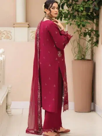 Back design of Ilana by Panache Vol 2 D-01 showcasing embroidered Karandi back and sleeves, a refined winter outfit from Puri Fabrics new collection.