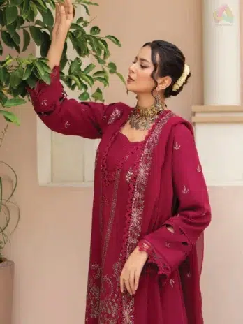 Close-up of Ilana by Panache Vol 2 D-01 highlighting embroidery details on Karandi shirt and dupatta from Puri Fabrics collection 2025.