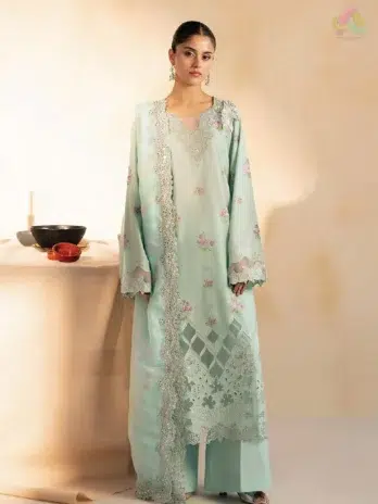 Jahaan by Rajbari Aalya 4-A embroidered and cutwork lawn shirt front with 3D motifs, organza neckline, from Rajbari collection 2025 festive range