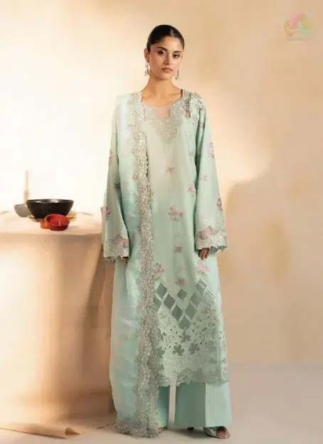 Jahaan by Rajbari Aalya 4-A embroidered and cutwork lawn shirt front with 3D motifs, organza neckline, from Rajbari collection 2025 festive range