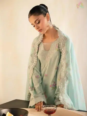 Close-up view of Jahaan by Rajbari Aalya 4-A embroidery details, organza neckline, and 3D motifs from Rajbari new collection.