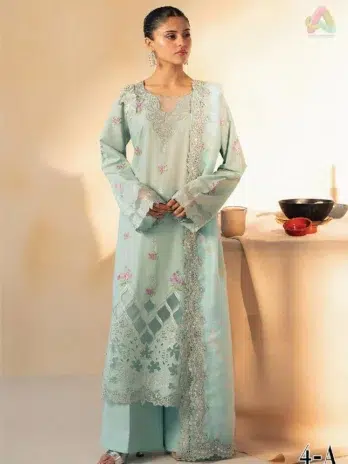 Full display of Jahaan by Rajbari Aalya 4-A embroidered lawn 3-piece suit with Monark dupatta and cotton trouser from Rajbari Fabrics collection 2025