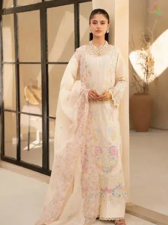 Jahaan by Rajbari Aira 2-A embroidered lawn suit front design with detailed neckline and vibrant colors from Rajbari New Collection 2025.