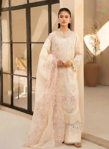 Jahaan by Rajbari Aira 2-A embroidered lawn suit front design with detailed neckline and vibrant colors from Rajbari New Collection 2025.
