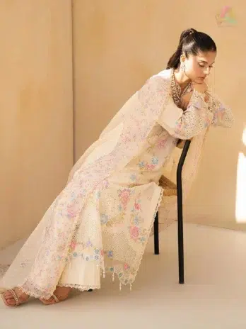 Complete look of Jahaan by Rajbari Aira 2-A 3-piece unstitched lawn suit with embroidered details, net dupatta, and cotton trouser