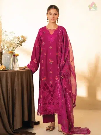 Jahaan by Rajbari Maya 4-B embroidered and cutwork lawn shirt front with organza neckline and 3D motifs from Rajbari collection 2025.