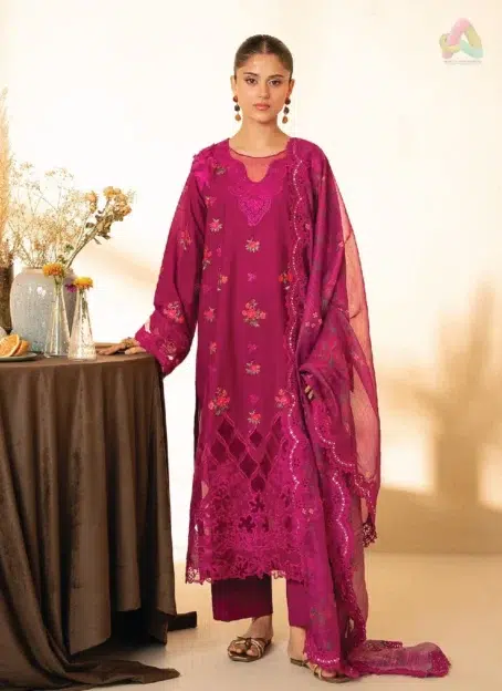 Jahaan by Rajbari Maya 4-B embroidered and cutwork lawn shirt front with organza neckline and 3D motifs from Rajbari collection 2025.