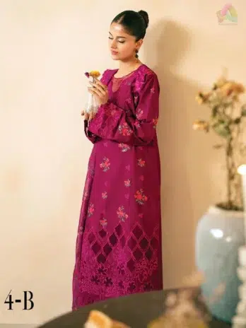 Complete view of Jahaan by Rajbari Maya 4-B embroidered lawn 3-piece suit with Monark dupatta and trouser from Rajbari lawn collection 2025