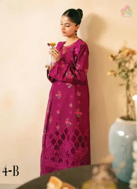 Complete view of Jahaan by Rajbari Maya 4-B embroidered lawn 3-piece suit with Monark dupatta and trouser from Rajbari lawn collection 2025