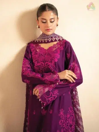 Close-up of Jahaan by Rajbari Nora 6-B embroidery details with cutwork, sleeve motifs, and organza neckline from Rajbari Fabrics new collection 2025.