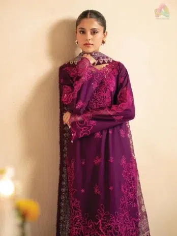 Full view of Jahaan by Rajbari Nora 6-B embroidered lawn 3-piece suit with block printed dupatta and trouser from Rajbari lawn 2025 collection.