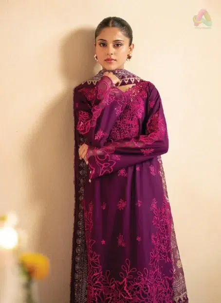 Full view of Jahaan by Rajbari Nora 6-B embroidered lawn 3-piece suit with block printed dupatta and trouser from Rajbari lawn 2025 collection.