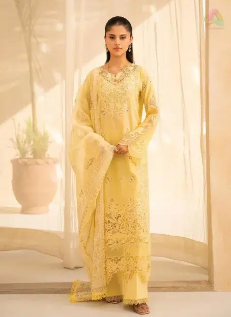 Jahaan by Rajbari Oriya 6-A embroidered cutwork lawn shirt front with organza neckline from Rajbari new collection 2025 festive wear