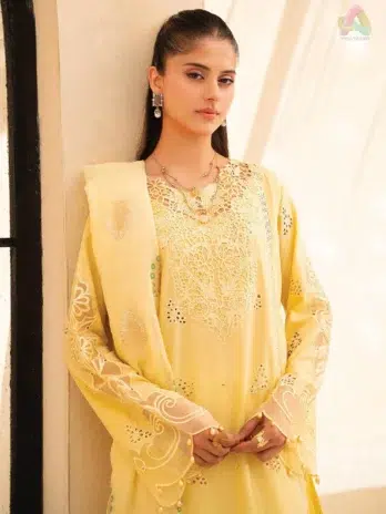 Close-up of Jahaan by Rajbari Oriya 6-A embroidery details with cutwork, organza neckline, and sleeve motifs from Rajbari Fabrics new collection 2025.