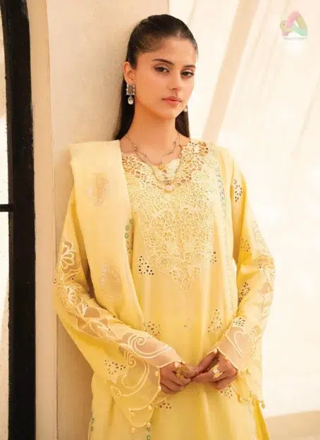 Close-up of Jahaan by Rajbari Oriya 6-A embroidery details with cutwork, organza neckline, and sleeve motifs from Rajbari Fabrics new collection 2025.