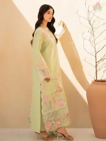 Back side of Jahaan by Rajbari Raya 1-B showing dyed lawn fabric with clean tailoring from Rajbari New Collection.