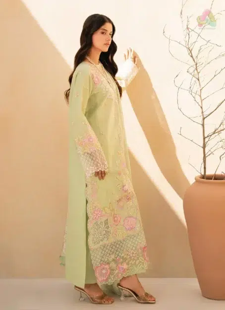 Back side of Jahaan by Rajbari Raya 1-B showing dyed lawn fabric with clean tailoring from Rajbari New Collection.