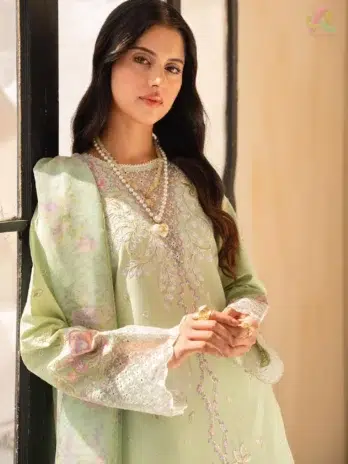 Close-up of neckline and sleeve embroidery from Jahaan by Rajbari Raya 1-B by Rajbari Fabrics for a detailed look