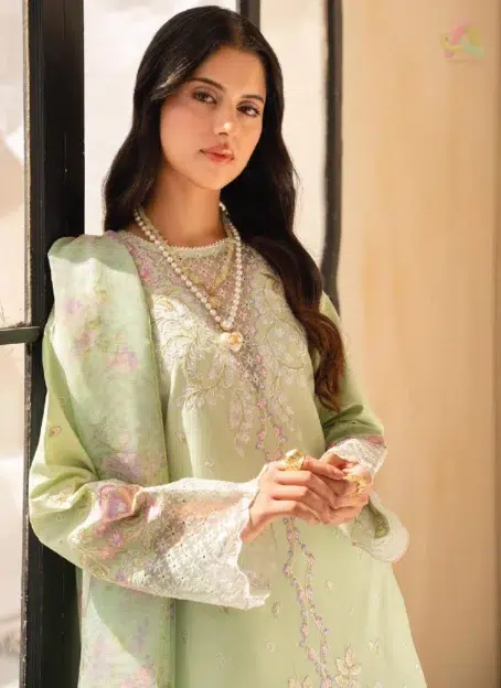 Close-up of neckline and sleeve embroidery from Jahaan by Rajbari Raya 1-B by Rajbari Fabrics for a detailed look
