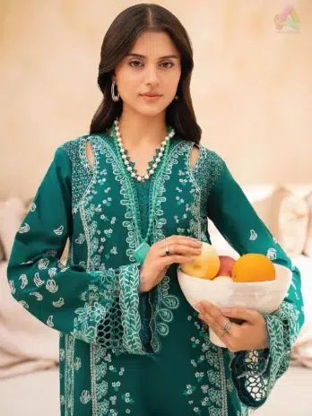 Close-up of Jahaan by Rajbari Rina 5-A embroidery details on shoulder, sleeves, and lace trouser from Rajbari Fabrics summer collection 2025.