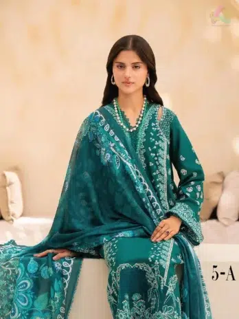 Full view of Jahaan by Rajbari Rina 5-A embroidered lawn 3-piece suit with silk dupatta and trouser from Rajbari clothing collection 2025.