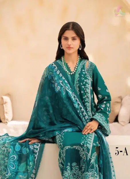Full view of Jahaan by Rajbari Rina 5-A embroidered lawn 3-piece suit with silk dupatta and trouser from Rajbari clothing collection 2025.
