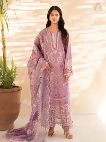 Jahaan by Rajbari Sila 3-B embroidered lawn shirt front with organza neckline, perfect for festive occasions from Rajbari collection 2025