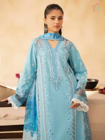 Close-up of Jahaan by Rajbari Sira 5-B embroidery details on panels, sleeves, and lace trouser from Rajbari Fabrics summer collection 2025.