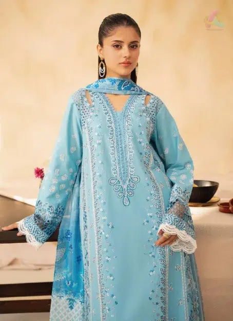 Close-up of Jahaan by Rajbari Sira 5-B embroidery details on panels, sleeves, and lace trouser from Rajbari Fabrics summer collection 2025.