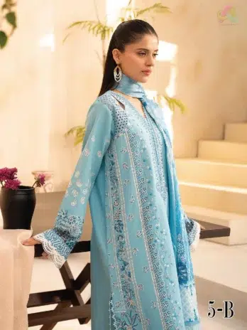 Complete view of Jahaan by Rajbari Sira 5-B embroidered lawn 3-piece suit with silk dupatta and cotton trouser from Rajbari lawn collection 2025