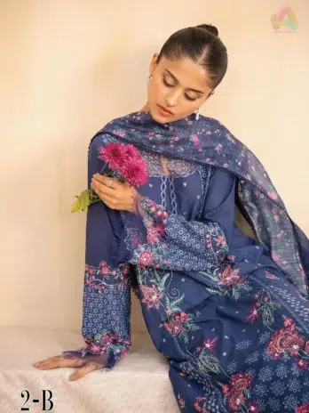 Close-up of Jahaan by Rajbari Taliah 2-B intricate embroidery and organza neckline from the Rajbari collection 2025 premium lawn range.